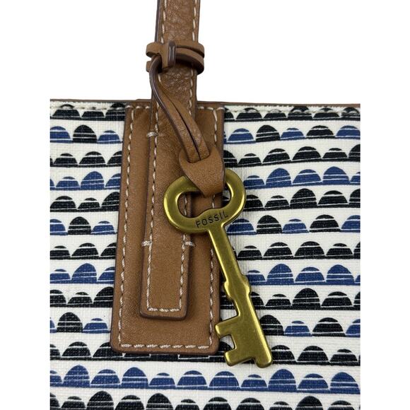 Fossil Emma Purse Coated Canvas Shoulder Tote Bag Blue Black White Print Key Fob - Picture 3 of 12